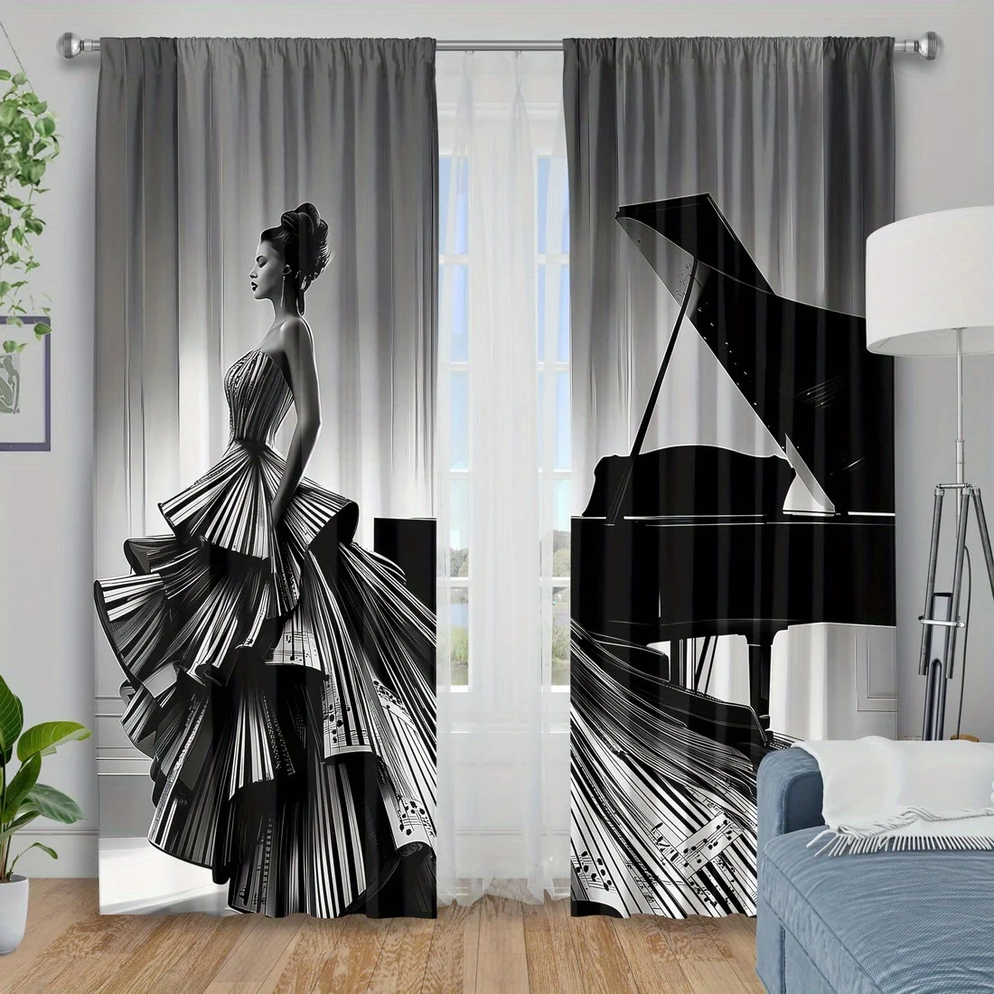 Black and White Piano Curtain, Elegant Woman Print Drapes, Music Theme Window Curtains, Living Room Bedroom Decor