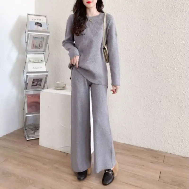 

Autumn/Winter Fashion Retro Suit Women's Elegant Solid Color Loose Long Sleeved Top High Waist Wide Leg Pants Two Piece Set