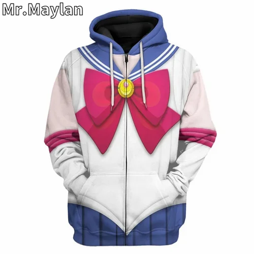Imagen 2 del producto Sailor Moon-ropa de Cosplay personalizada para hombre, Sudadera con capucha Unisex con estampado completo en 3D, ropa de calle, jersey con cremallera, chaqueta informal, chándales