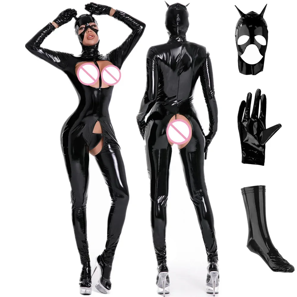 

Plus Size Cat Women Wet Look Shiny PU Faux Leather Jumpsuit Suit Long Sleeve Zipper Open Crotch Latex Bodysuit Clubwear