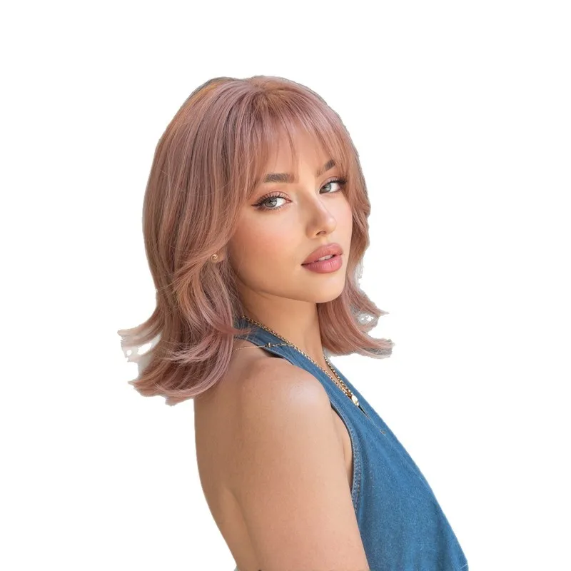 Women's wig with bangs, wolf tail curl, pink short hair, rose net cap, high-temperature fiber, fashionable - view 5