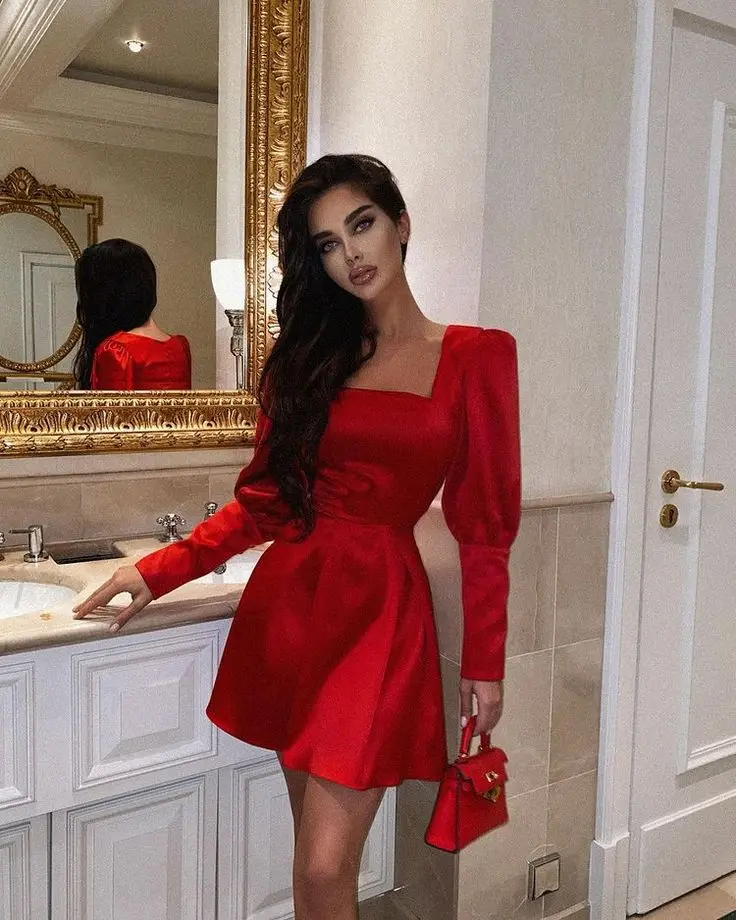 

Red Square Neck Homecoming Dresses 2025 Satin Long Sleeve Prom Dresses Mini Length Elegant A-Line Women Party Dress Customized