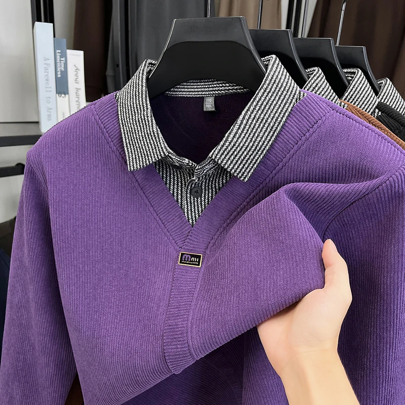 

High-End Man Long Sleeves Knitwear False Two-Piece Lapel One Button Korean-Style Pullover Winter Quality Leisure Men's Clothing