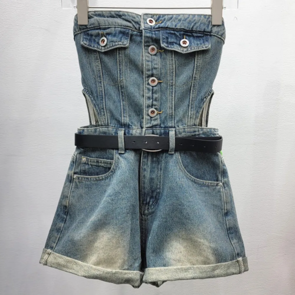 Fashion  strapless hole denim jumpsuit shorts for women