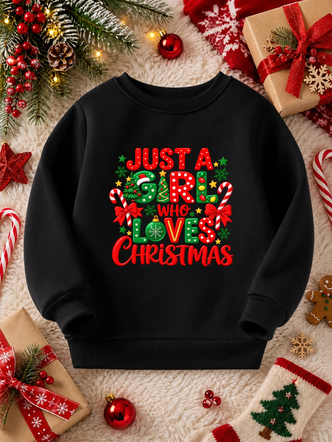 Kids Sweatshirt With Colorful Christmas Tree Print, Girls Pink Crew Neck Long Sleeve Top, Holiday Party Outfit Children Clothes
