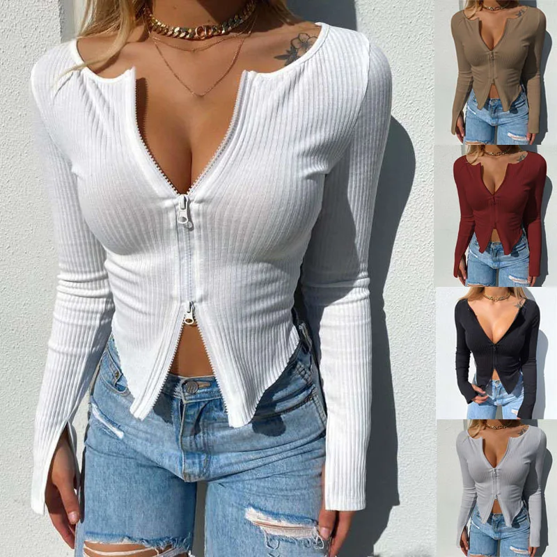 

Women T-shirt Spring Autumn Clothes Ribbed Knitted Long Sleeve Crop Tops Zipper Design Tee Sexy Female Slim V-neckTops