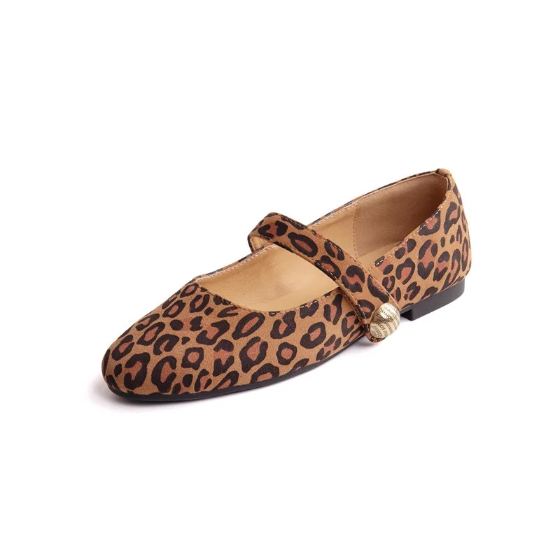 

Woman Flats Leopard Mary Jane Spring Simple Shoes Girls One Strap Sexy Footwear Round Toe Genuine Leather Fashion Shoes