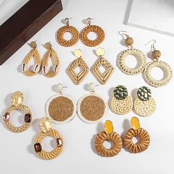 Lifefontier Bohemia Handmade Wooden Drop Earrings Vintage Straw Weave Rattan Vine Braid Round Wood Geometric Earrings Jewelry