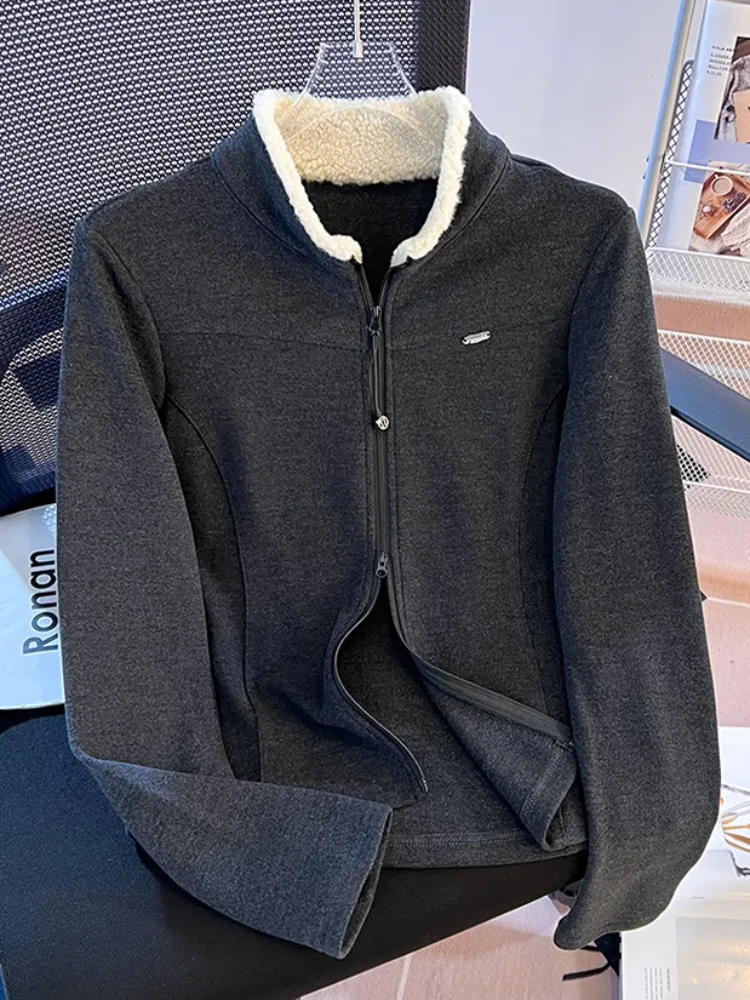 양털 스플라이스 스탠드 칼라 롱 스웨터 여성용 베이스 티셔츠 지퍼 클로저 슬림 핏 한국 스타일 겨울 신상품