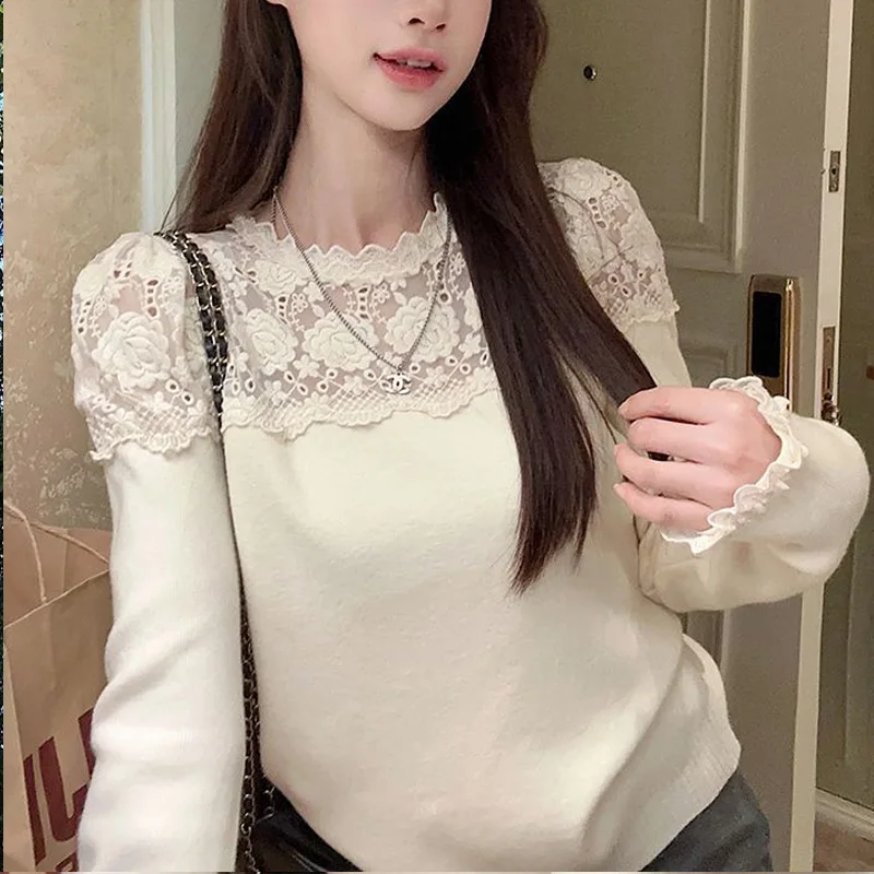 Spring Autumn New Round Neck Long Sleeve Fashion Sweater Women High Street Lace Patchwork Pullovers Vintage Elegant Chic Tops