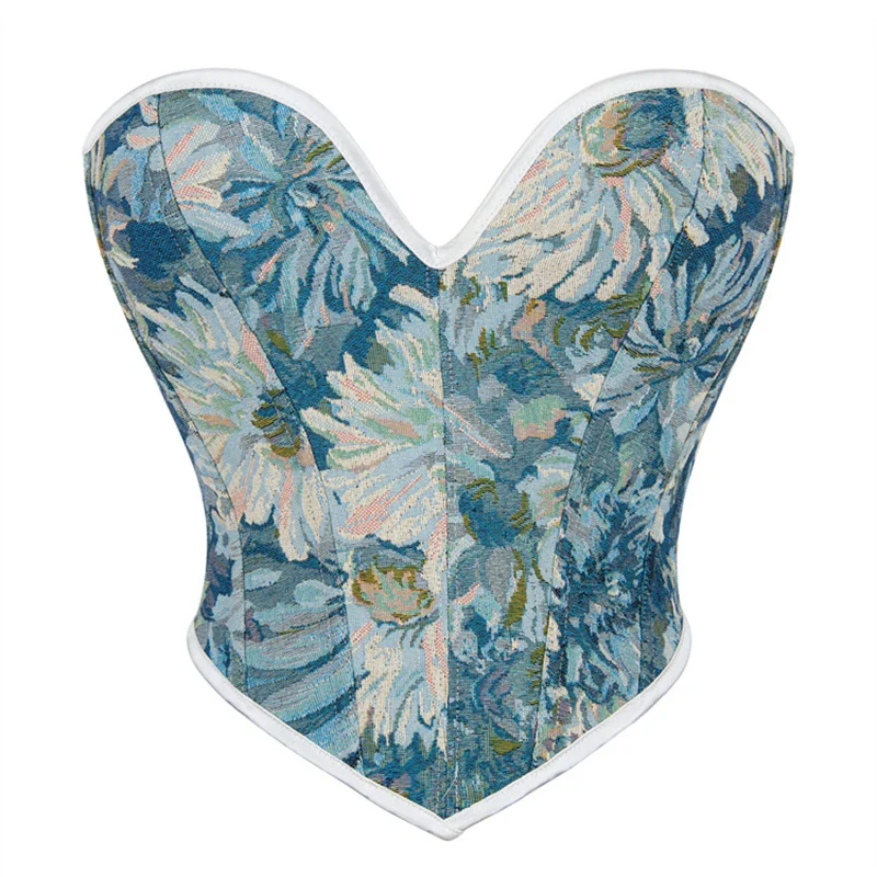 

Corset Short Crop Waist Shapewear Blue Flower Print Women's Bodice Bustier Body V-shaped Waist Women Corset