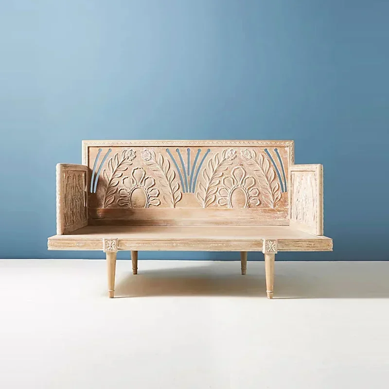 Y1 French Retro Wood Carved Sofa American Country Bed  Breakfast Log Antique Distressed Accessories