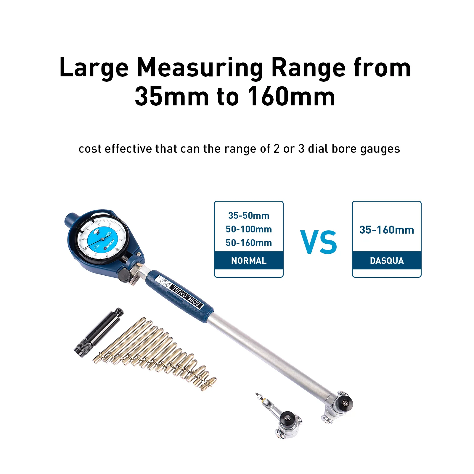 For DASQUA Extra Long Range 35-160mm Alexometer Dial Bore Gauge Set for Deep Engine Cylinder Measurement with Carbide Anvils