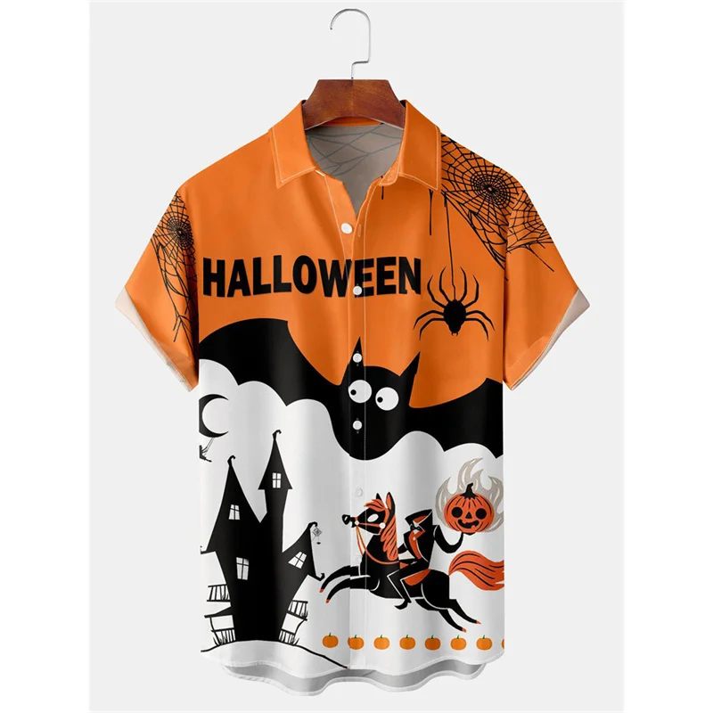 Camisa havaiana masculina e feminina com gráfico de morcego abóbora Aloha, estampada em 3D Halloween, blusa casual verão manga curta, tops de lapela