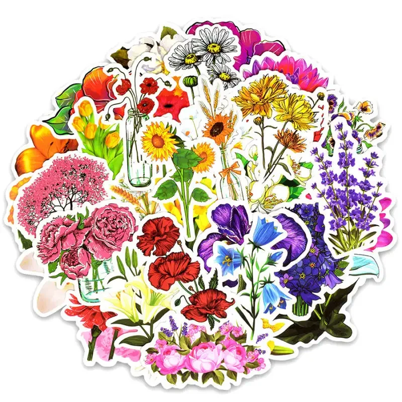 

50 Pcs Flower Stickers Colorful Aesthetic Waterproof Floral Vinyl Stickers Decals for Water Bottles Laptop Scrapbooking Phone