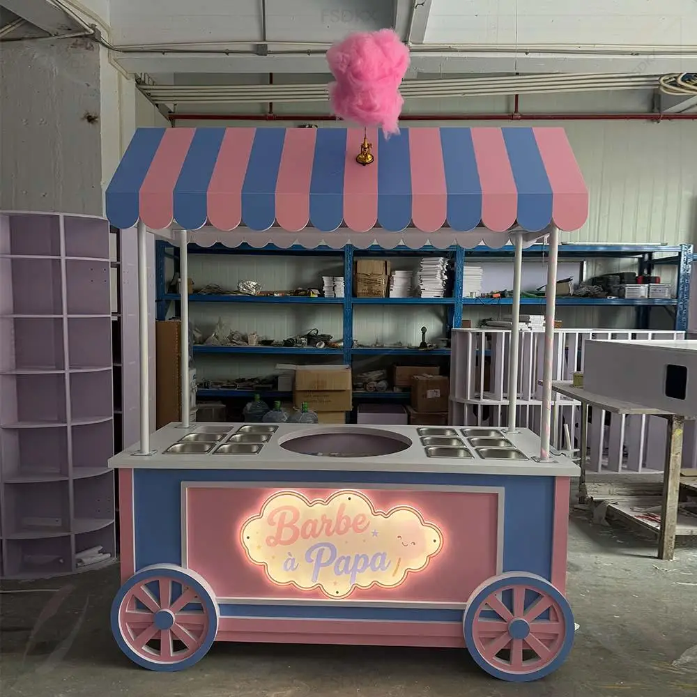 Custom Theme Mobile Candy Car Food Bar Station Candy Kiosk Food Truck Cart Pvc Cotton Candy Cart Display Stand