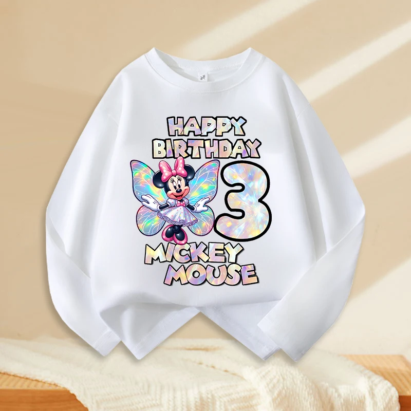 Mickey Minnie Mouse Number T-shirt Long Sleeves Cotton Girls Clothes Personalized Casual Cute Kids Birthday Tops Fashion Toddler
