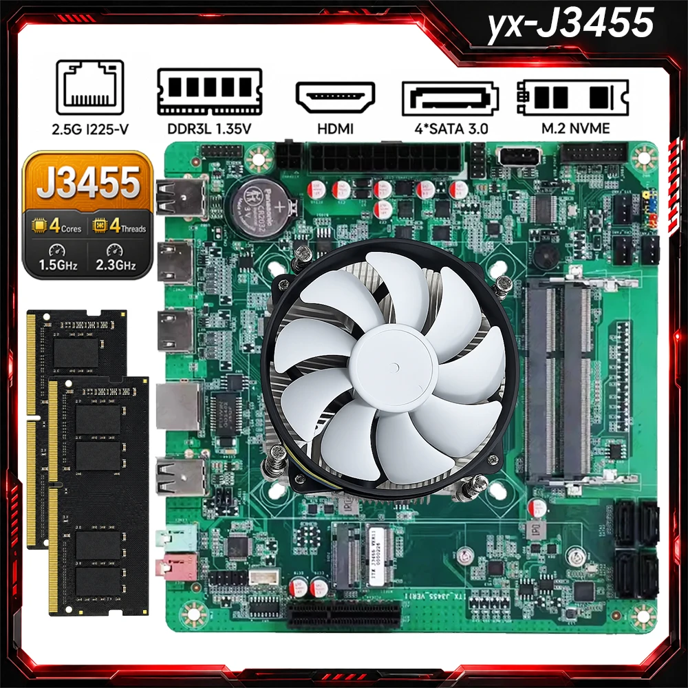 J3455 Mini ITX Motherboard Nas Set Support DDR3L 1.35V RAM 6*SATA3.0 M.2-NVME 2.5G RJ45 I226-V Low-power Motherboard Kit