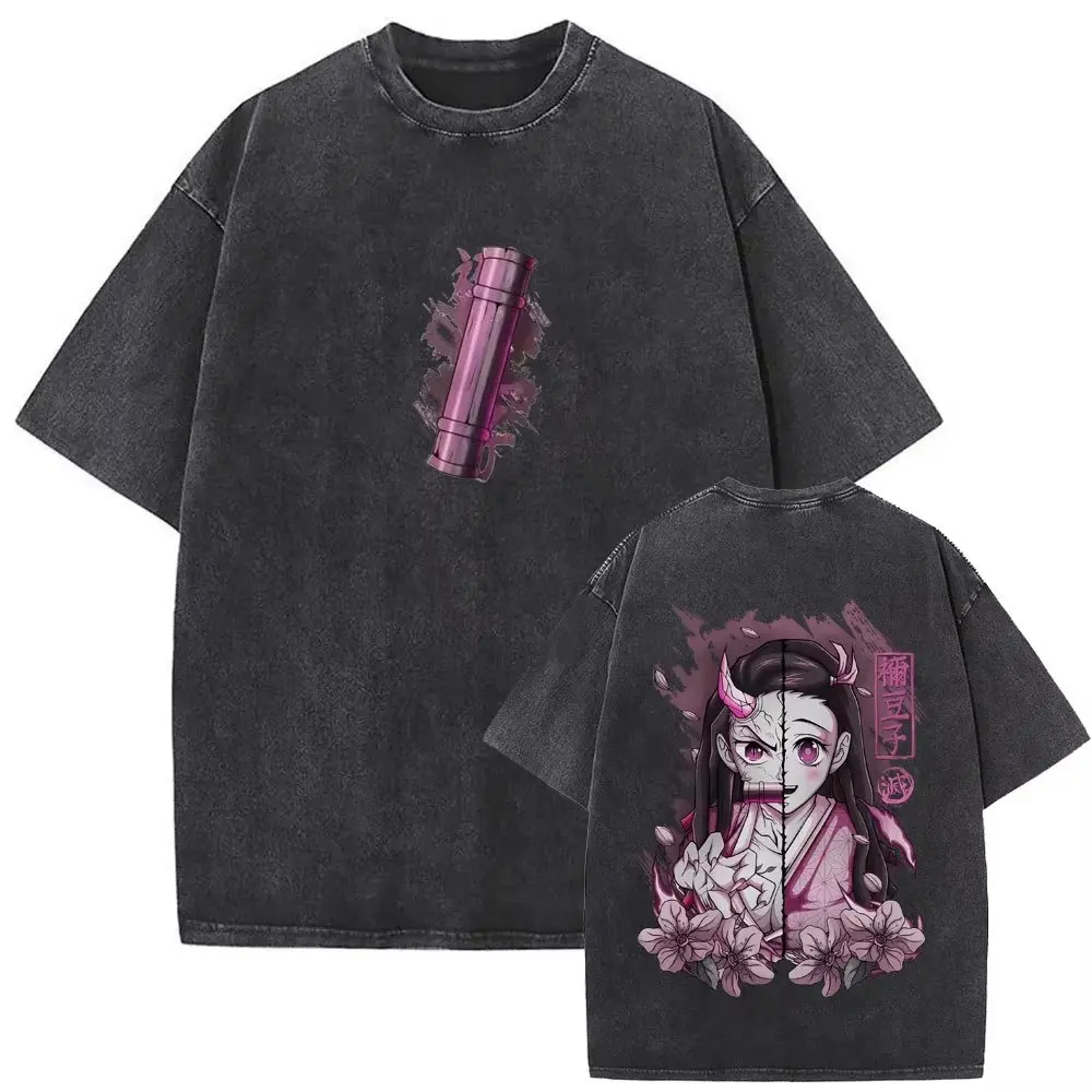 Camiseta Demon Slayer Nezuko Kamado 2026, Estilo Vintage, Lavada, Oversize, de Algodón, con Estampado Gráfico, Ropa Urbana Harajuku para Hombre y Mujer