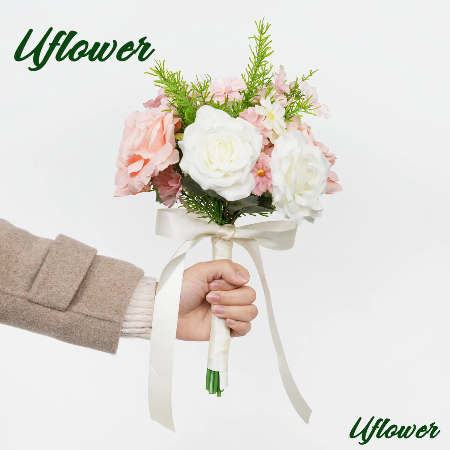 

Uflower 35 см свадебный букет подружки невесты розовый белый шелковый розы цветы свадебные принадлежности DIY домашняя вечеринка украшение для выпускного вечера