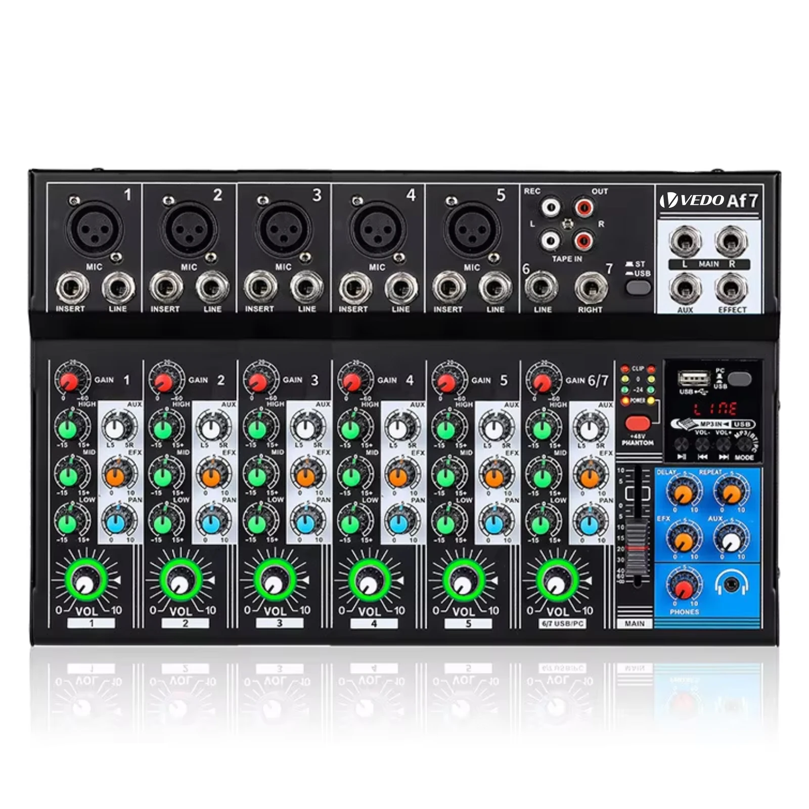 VEDO AF7 Mixer Analog Mixer Merged Digital Sound Card 7 Channels Personalized Function Settings Analog Mixing Console