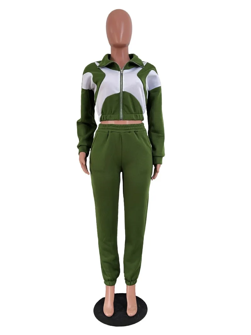 Color Patchwork Women Tracksuits Fashion Casual Two Piece Set Long Sleeve Zip-Up Sweatshirts Crop Top Elastic Pants Jogger Suits