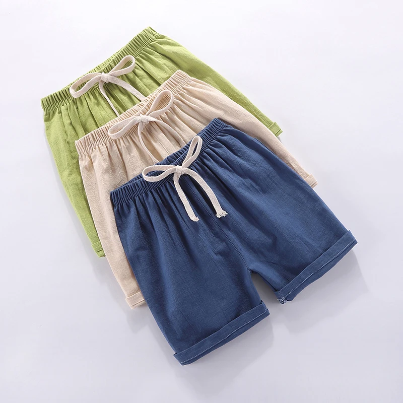 Pantalones cortos de verano para niños y niñas, Shorts de playa informales de Color caramelo, algodón y lino, transpirables y suaves, 100-160cm