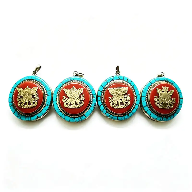 Tibetan Lucky Eight Auspicious Totem Symbols Prayer Box Gau Copper Inlay Amulet Pendants TGB004