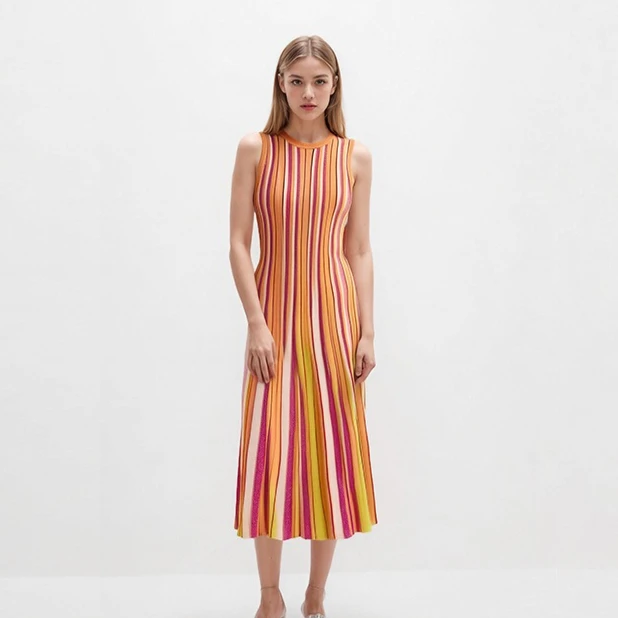

Women's colorful striped knitted dress sleeveless round neck slim fit elegant midi robe