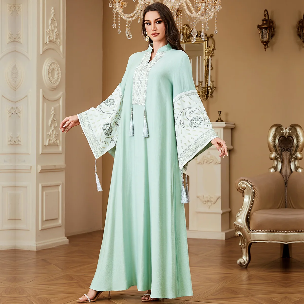Dubai Middle East New Fashion Women's Embroidered Elegant Trendy Daily Loose Long Sleeve Spliced Abaya Female Jalabiya Clothes