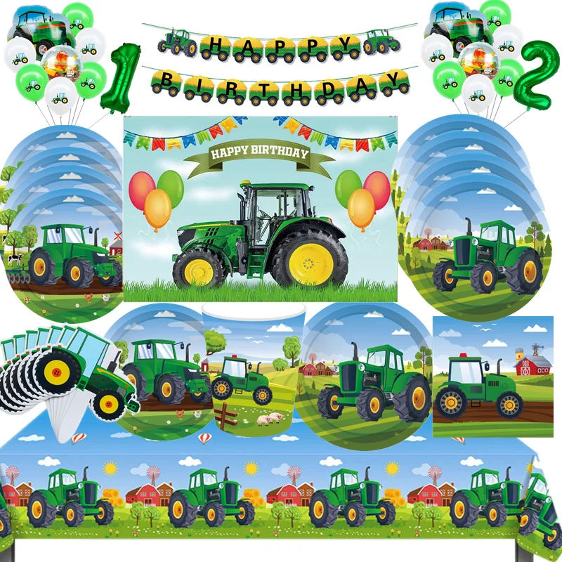 Grüner Traktor, Geburtstagsparty-Dekoration, Einweggeschirr, Teller, Tasse, Tischdecke, LKW, Ballon, Babyparty, Kinderparty-Zubehör