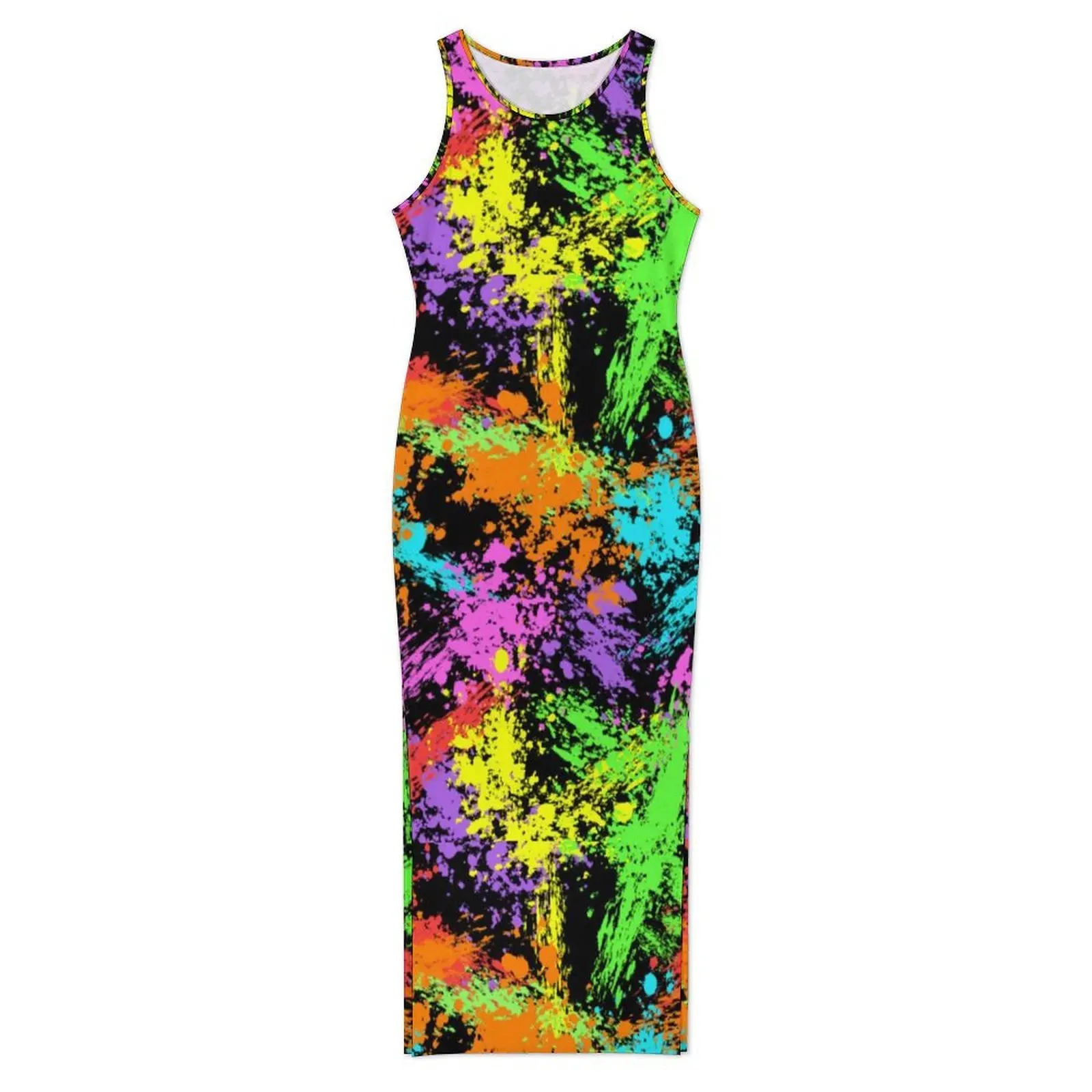 Retro Paint Splash Bodycon Dress Summer Colorful Print Retro Maxi Dresses Woman Sleeveless Pattern Street Style Dress Big Size