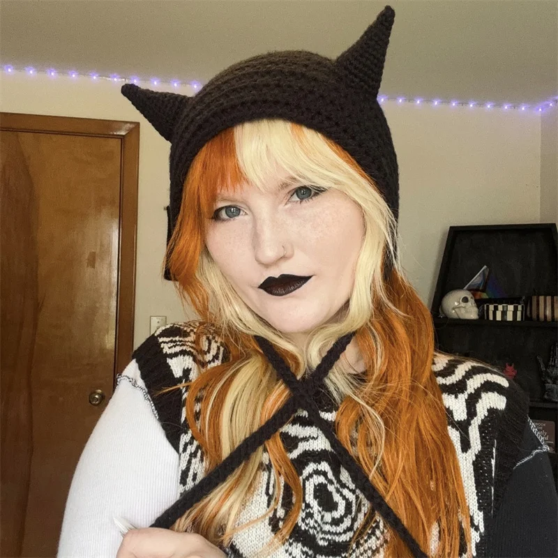 Halloween Balaclava Devil Horn Hat Women Men Y2k Hat Full Face Cover Ski Mask Hat Windproof Hat For Outdoor Sport winter warm