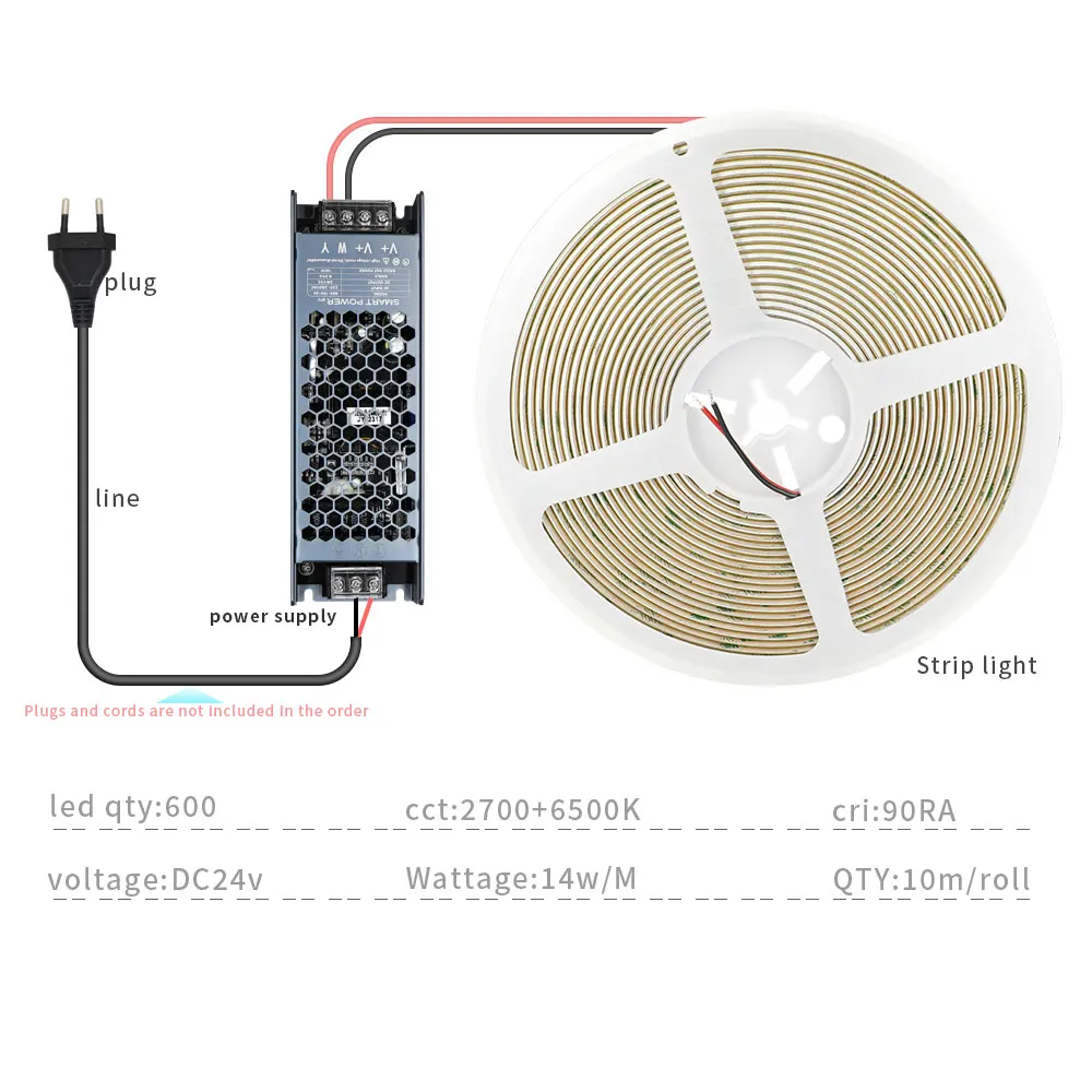 TUYA FCOB LED Strip CCT 2700K do 6500K CW WW Zmienny zasilacz APP Control 600Leds/m Wysoka gęstość 90RA 8mm Ściemnialny DC24V