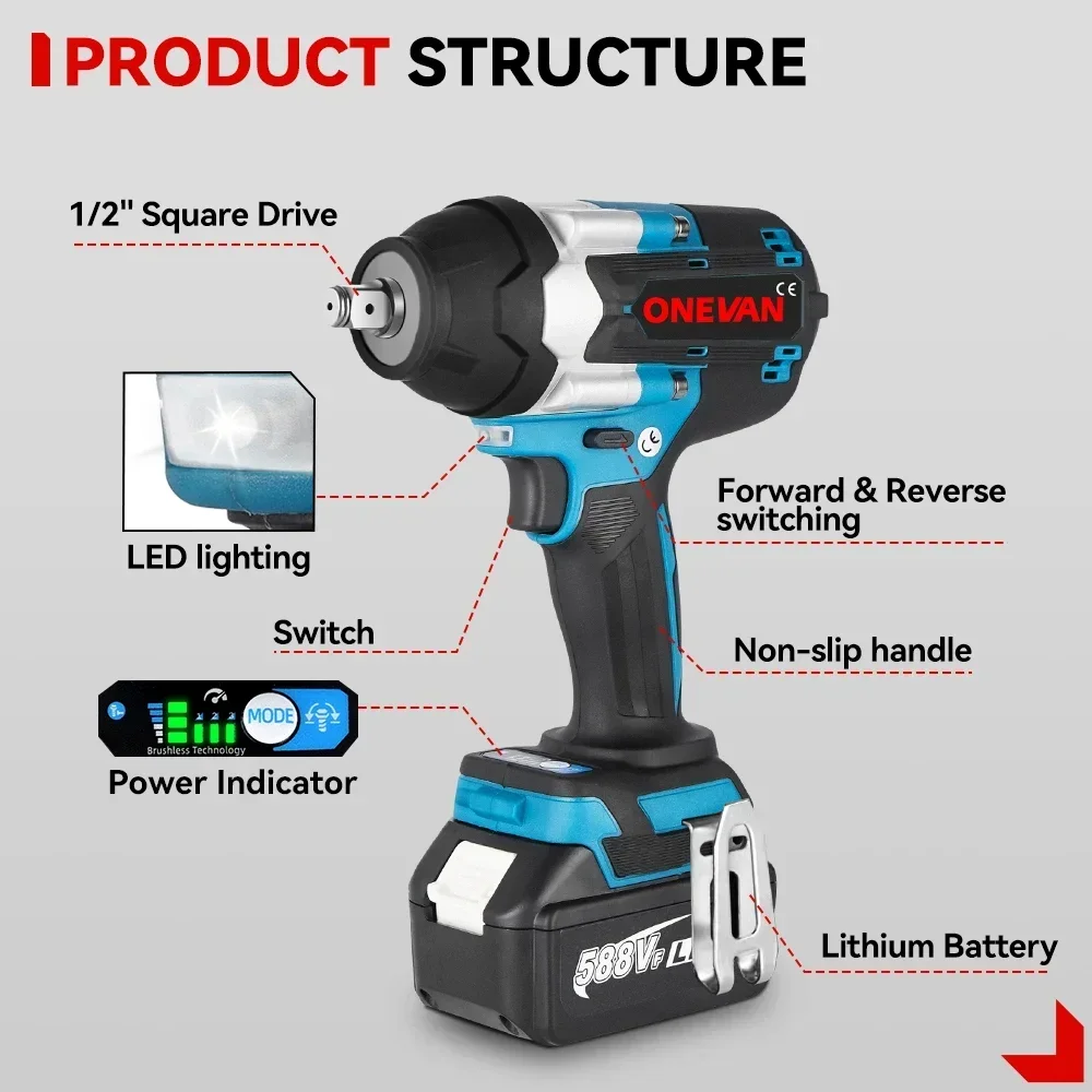 ONEVAN 1800N.M Torque Brushless Electric Impact Wrench 1/2 inch Lithium-Ion Battery Cordless Power Tool for Makita 18V Battery