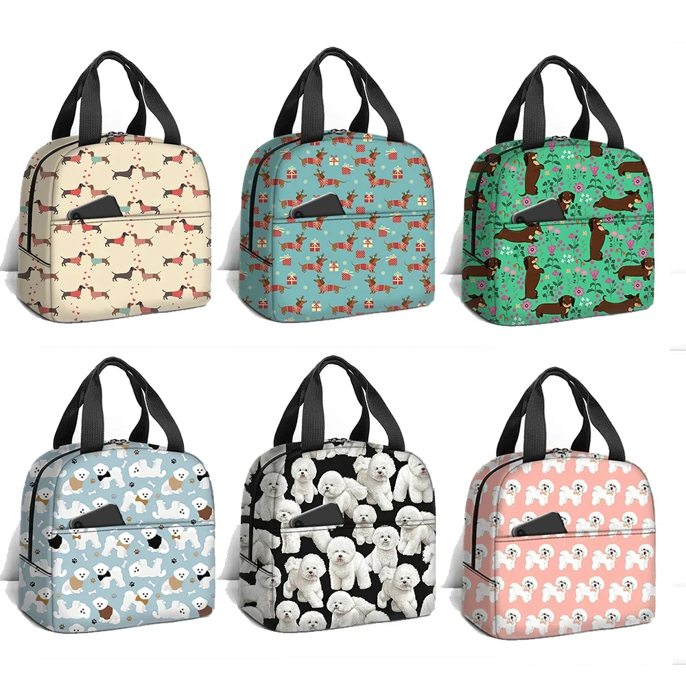 Funny Dachshund / Bichon Frise Dog Print Thermal Insulated Lunch Bags Women Portable Food Tote Schools Outdoors Picnic Lunch Box