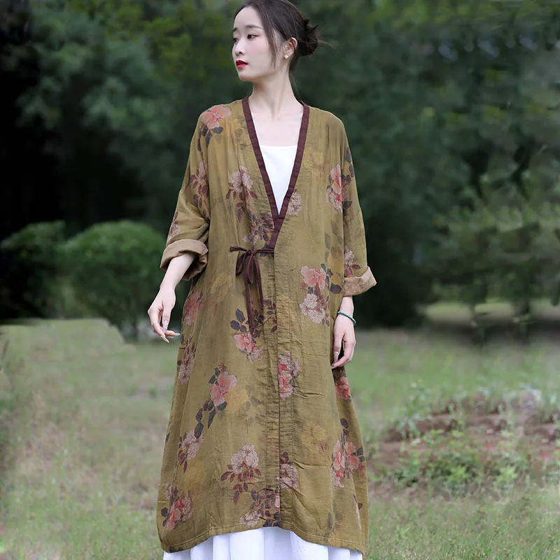 Fashion Hanfu Printed Long Trench Coat Women's Autumn Loose Version Lace-Up Cotton Cardigan Single Casual National Style