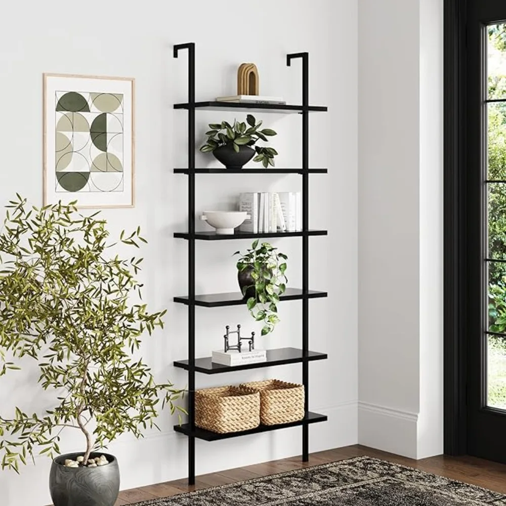 Nathan James Theo 6-Shelf Tall Bookcase, Wall Mount Bookshelf Wood Shelves and Metal Frame, Matte Black