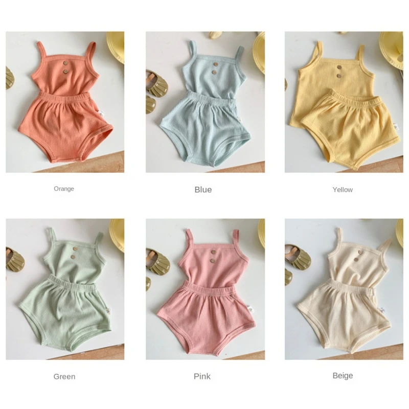 Newborn Baby Boys Girls Clothes Set Summer Sleeveless Camisole Top Shorts Suit Solid Color 2Pcs Outfits Set 0-3Y