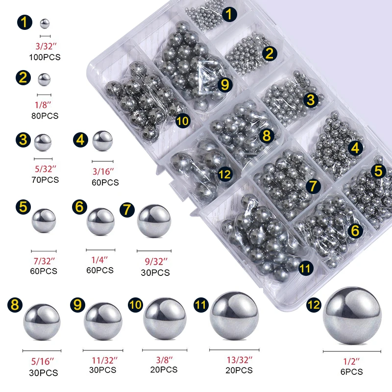 566 Pcs 12 Sizes Precision Carbon Steel Bearing Ball Assortment Kit 3/32 1/8 5/32 3/16 7/32 1/4 9/32 5/16 11/32 3/8 13/32 1/2”