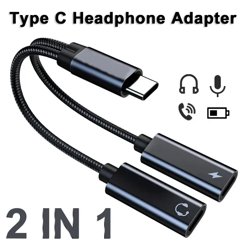 New 2 IN USB C Type C Splitter to Dual Type USB C Headphone Jack Audio Adapter Fast Charging 60W for Samsung iPhone 15 Huawei