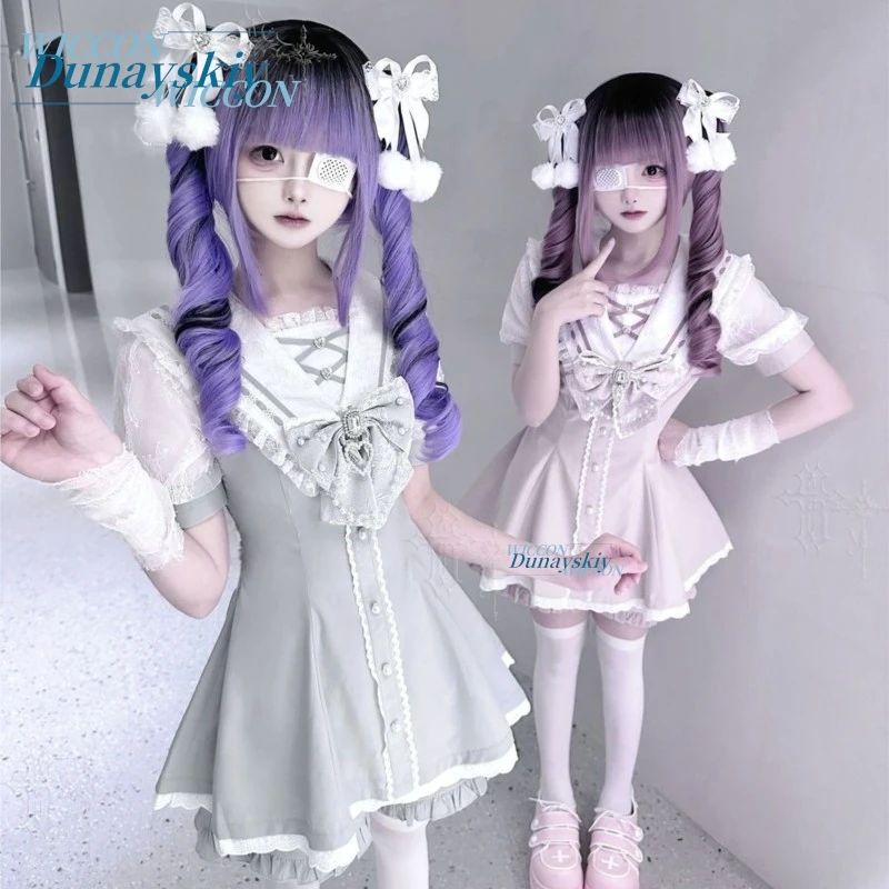 Sailor Collar Dress Set Lace Bow Short Sleeve Jirai Kei Original Japanese Sweet Lolita Mini Skirt Suit Summer Daily Cute Color view 3