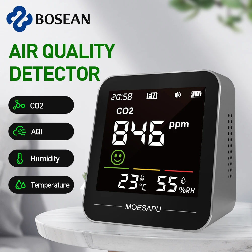 Bosean CO2 meter Temperature Humidity Monitor with Real sensors Carbon Dioxide Indoor CO2 monitor