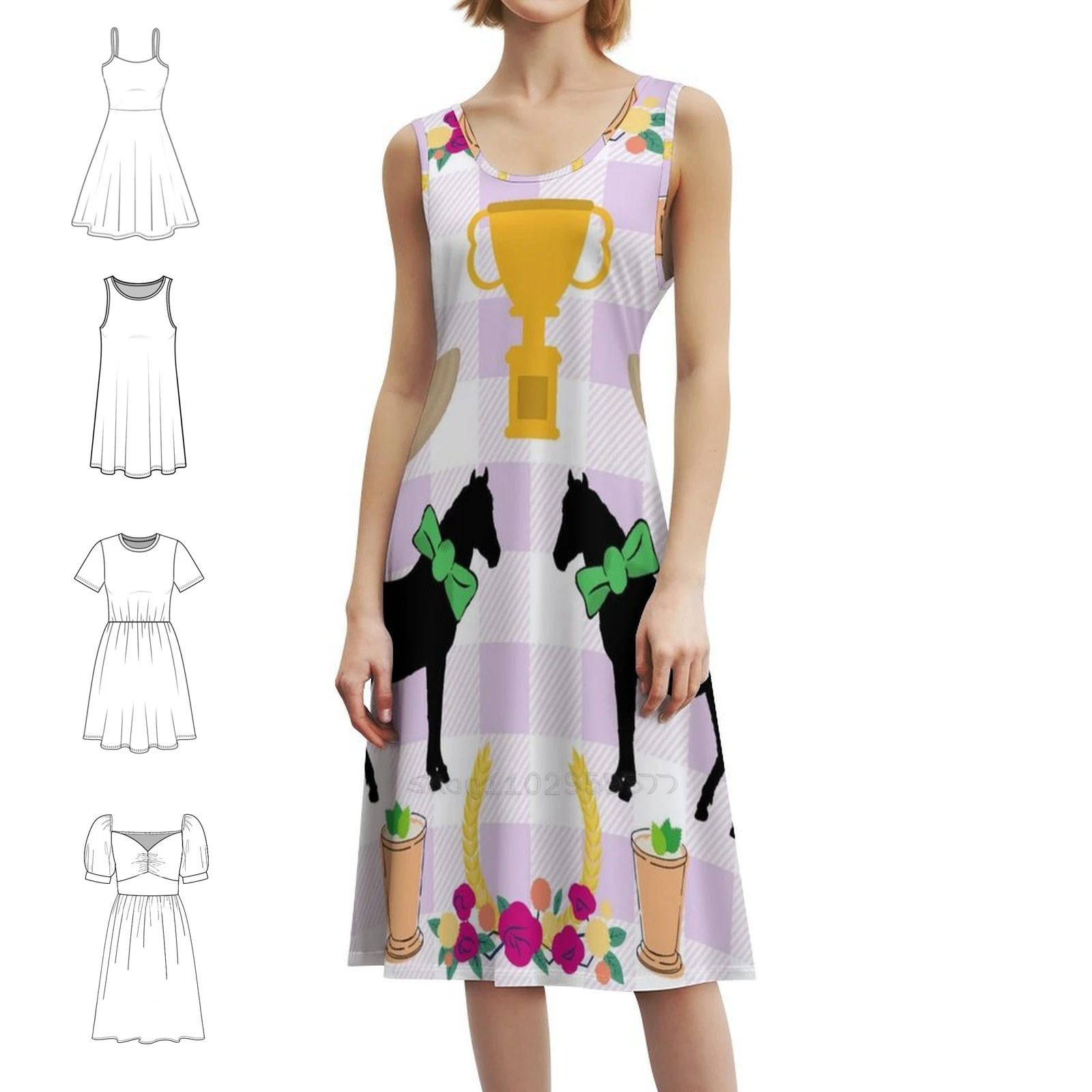 فستان My Old Home على الطراز الكوري للنساء فستان كاجوال أنيق للحفلات أو الارتداء اليومي منزلي القديم ديربي سباق الخيل امرأة الحصان