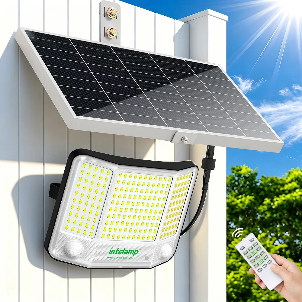 intelamp 12500mAh Long Battery Life Solar Flood Lights Outdoor With Super Large Solar Panel Two Motion Sensors For Garden Yard