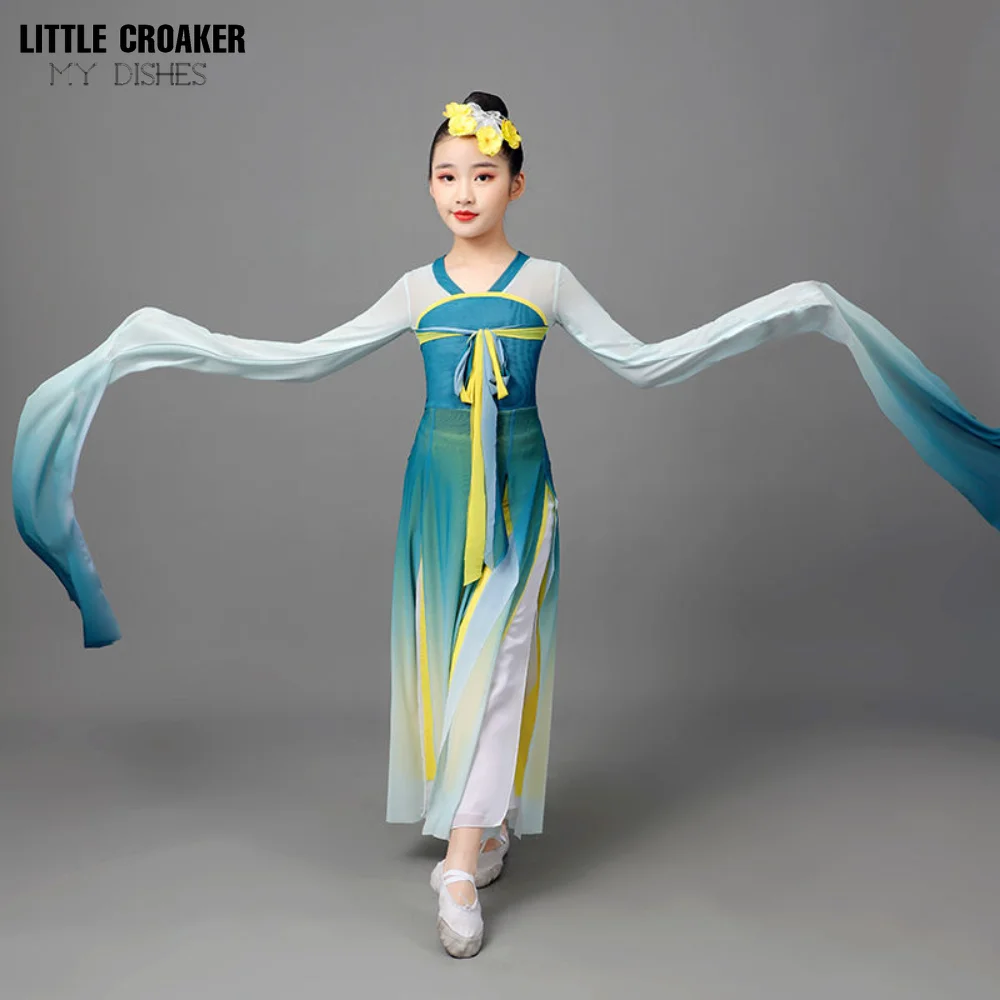 

Classical Children’s Dance Costume for Girls Slim Antique Green Gradual Professional Long Water Sleeve Dance Performance Dress