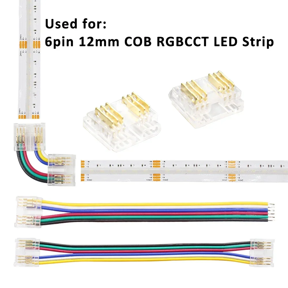 6Pin COB RGBCCT LED Strip Lights Connectors Welding-Free Quick Connect Crystal Solderless Jointor for 12mm PCB FCOB Flex Ribbon