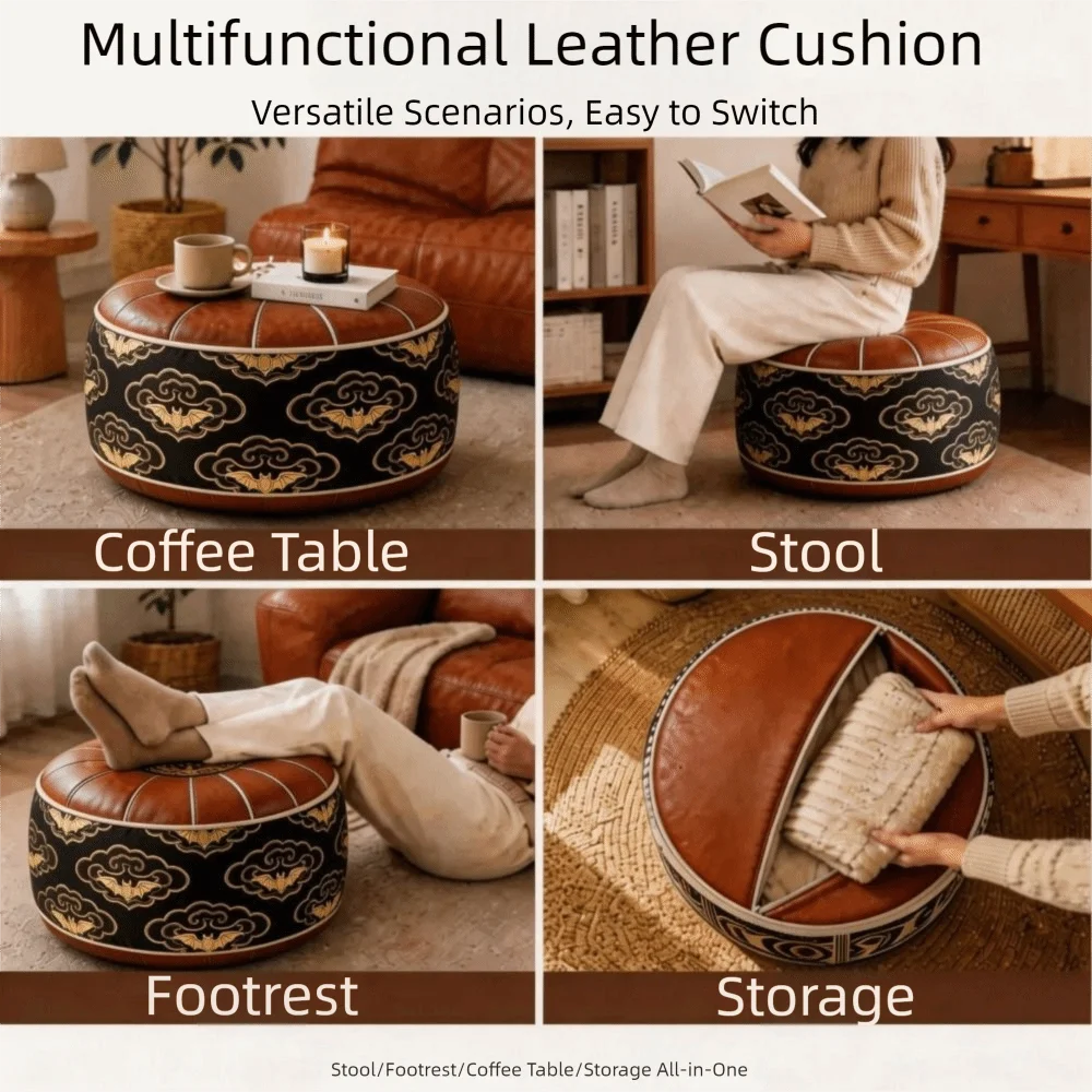 Boho Pattern Ottoman Pouf Fillable Design Large Opening Storage Ottoman PU Leather Water Resistant Footstool Cover Home Use