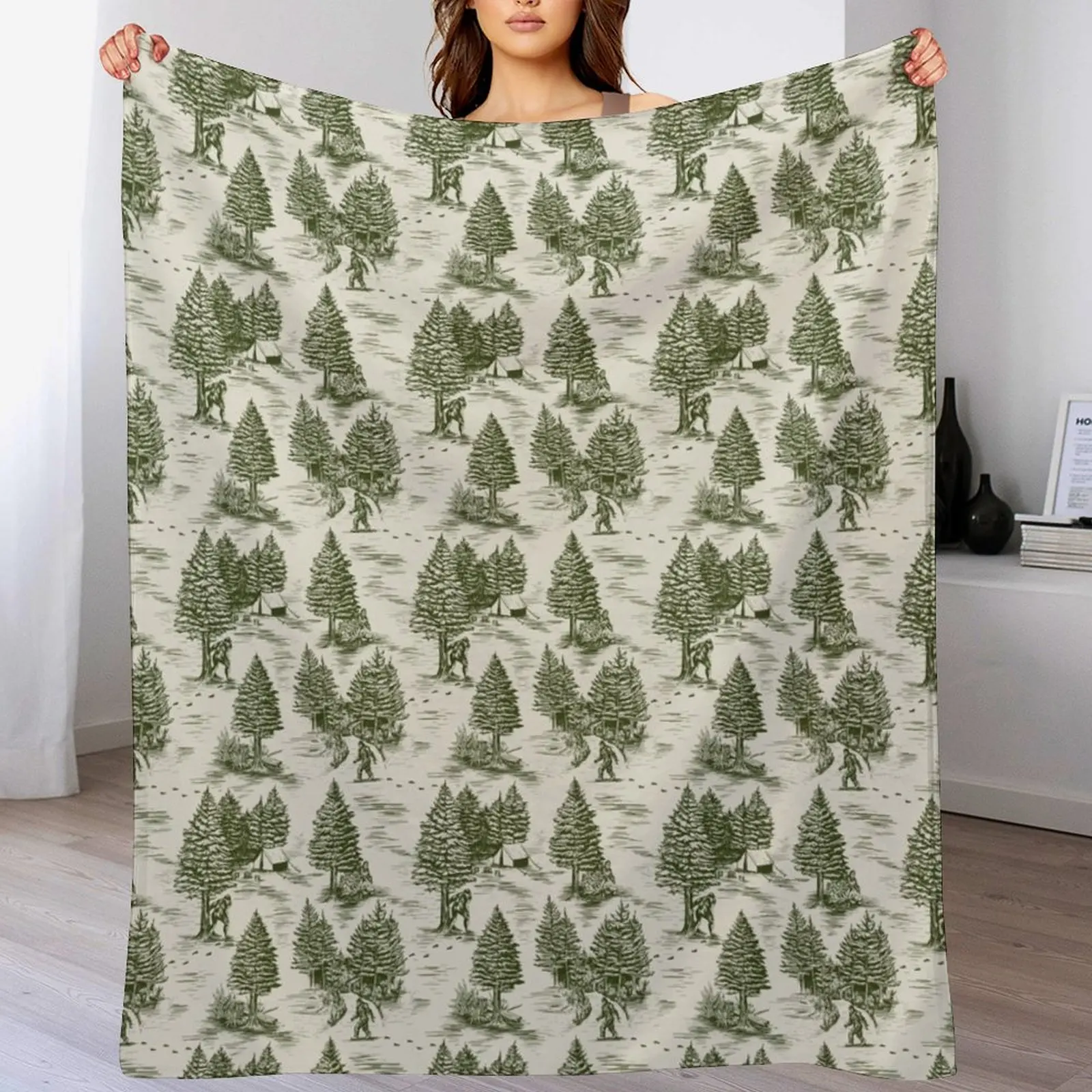 Bigfoot / Sasquatch Toile de Jouy in Forest Green Throw Blanket Hairys wednesday Picnic funny gift Blankets