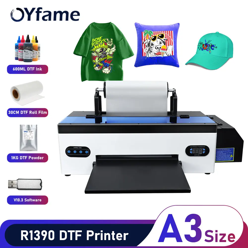 

OYfame A3 DTF Transfer Printer For Epson R1390 DTF Print with Roll Feeder Direct to Film A3 t shirt printing machine for fabric